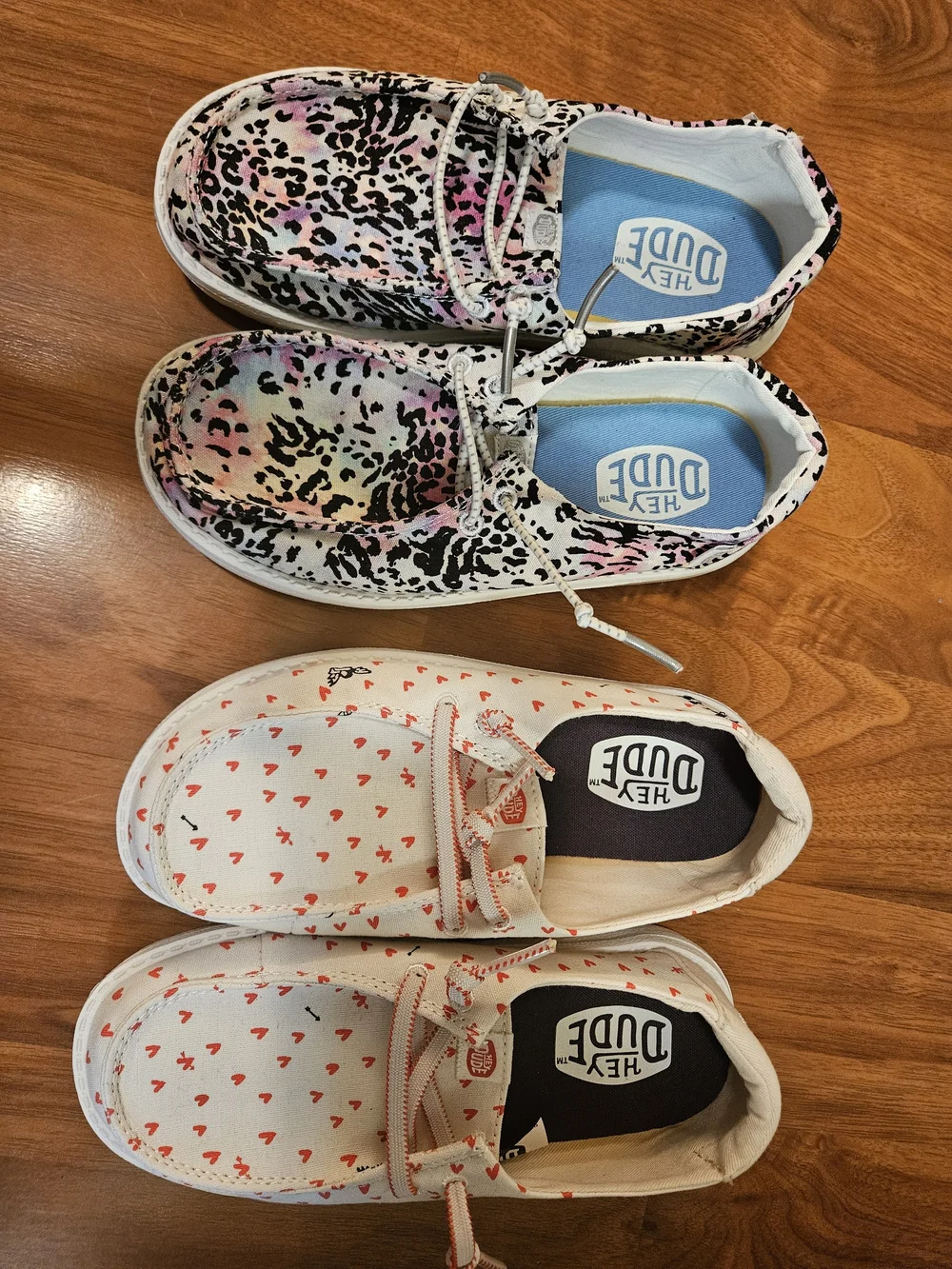 Hey Dude BRAND NEW Kids' Lightweight Slip-On Shoes Leopard and White with Hearts